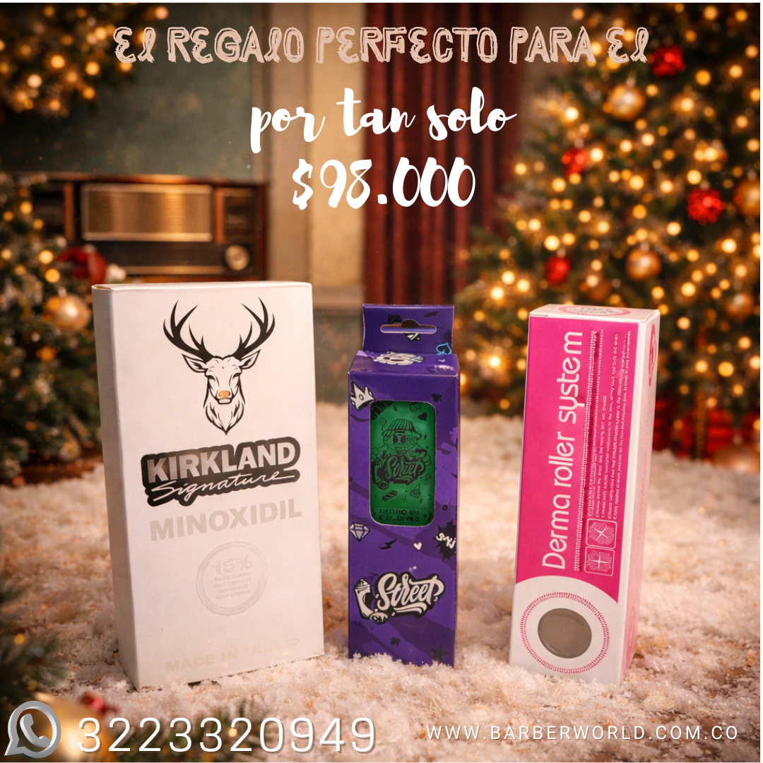 Kit Navideño para Ellos | Tonico Crecimiento Minoxidil, Dermaroller y Cepillo Sacudidor